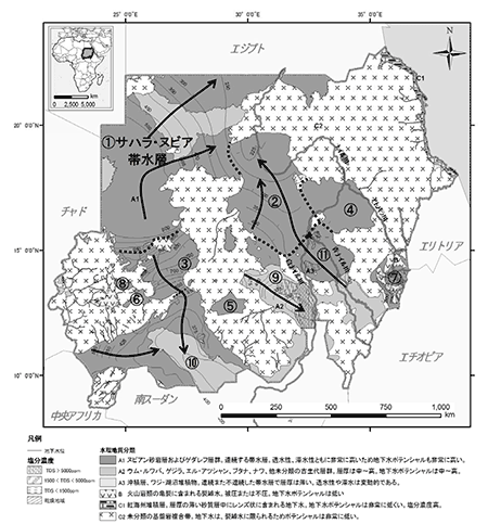 図2．スーダンの帯水層分布と地下水流動方向