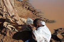 写真8．ラクダと一緒に水を飲む少年